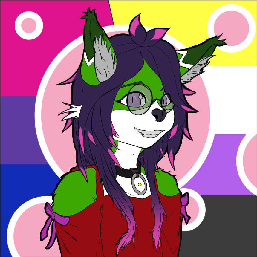 Portrait of a green anthropomorphic fox with purple hair and pink tips, smiling at the viewer. In the background, non-binary and bisexual flags are depicted